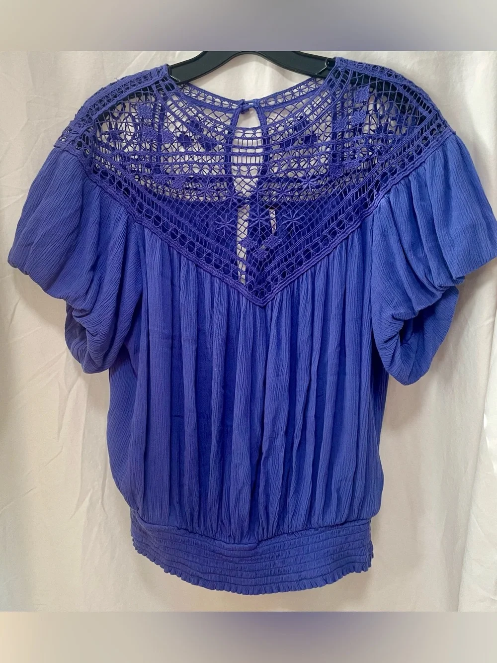 Free People Purple Crochet Yoke Puff Sleeve Top